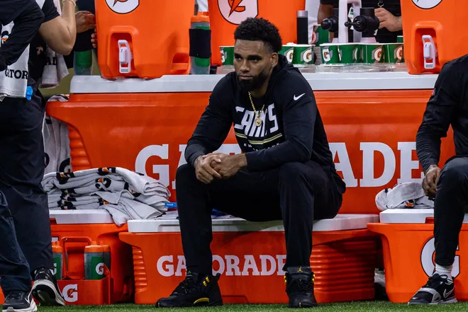 Aug 15, 2026; New Orleans, Louisiana, USA; New Orleans Saints wide receiver Chris Olave (12) looks on against Jacksonville Jaguars during the first half at Caesars Superdome. Mandatory Credit: Stephen Lew-Imagn Images