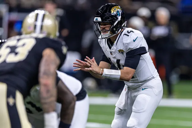Aug 15, 2026; New Orleans, Louisiana, USA; Jacksonville Jaguars quarterback Nick Mullens (14) calls for the ball against New Orleans Saints during the first half at Caesars Superdome. Mandatory Credit: Stephen Lew-Imagn Images