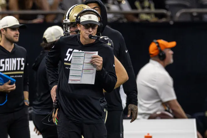 Aug 15, 2026; New Orleans, Louisiana, USA; New Orleans Saints offensive coordinator Doug Nussmeier looks on against the Jacksonville Jaguars during the first half at Caesars Superdome. Mandatory Credit: Stephen Lew-Imagn Images