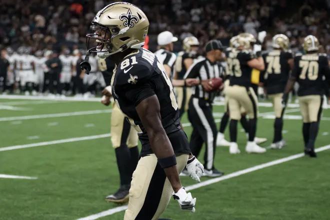 Aug 15, 2026; New Orleans, Louisiana, USA; New Orleans Saints wide receiver Kevin Austin Jr. (81) celebrates a reception at the one-yard line during the second quarter against the Jacksonville Jaguars at Caesars Superdome. Mandatory Credit: Matthew Hinton-Imagn Images
