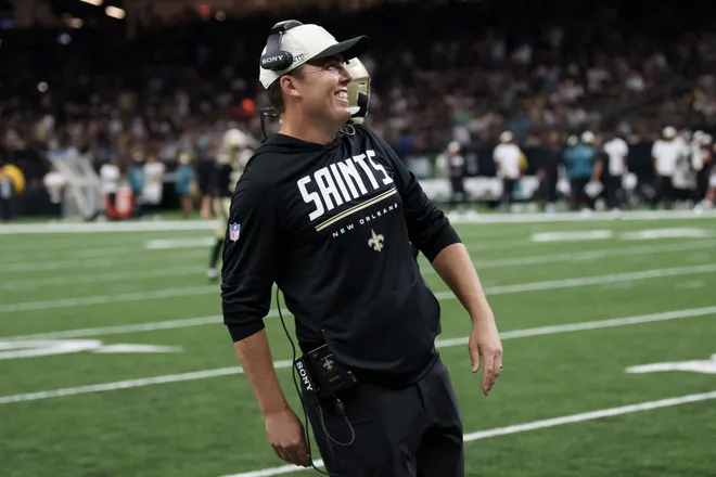 Aug 15, 2026; New Orleans, Louisiana, USA; New Orleans Saints head coach Kellen Moore celebrates a reception at the one-yard line during the second quarter against the Jacksonville Jaguars at Caesars Superdome. Mandatory Credit: Matthew Hinton-Imagn Images