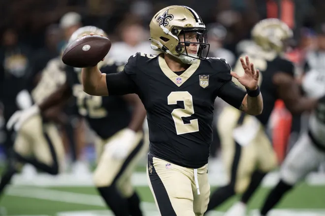 Aug 15, 2026; New Orleans, Louisiana, USA; New Orleans Saints quarterback Spencer Rattler (2) throws during the second quarter against the Jacksonville Jaguars at Caesars Superdome. Mandatory Credit: Matthew Hinton-Imagn Images