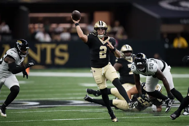 Aug 15, 2026; New Orleans, Louisiana, USA; New Orleans Saints quarterback Spencer Rattler (2) throws during the second quarter against the Jacksonville Jaguars at Caesars Superdome. Mandatory Credit: Matthew Hinton-Imagn Images