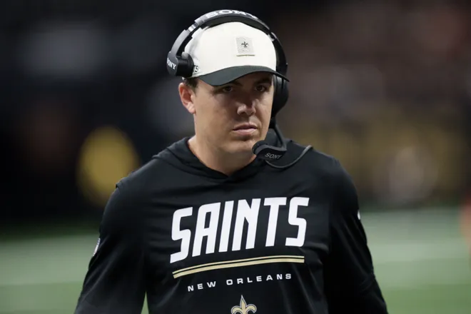 Aug 15, 2026; New Orleans, Louisiana, USA; New Orleans Saints head coach Kellen Moore walks the sideline during the second quarter against the Jacksonville Jaguars at Caesars Superdome. Mandatory Credit: Matthew Hinton-Imagn Images