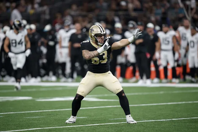 Aug 15, 2026; New Orleans, Louisiana, USA; New Orleans Saints defensive lineman Michael Heldman (63) celebrates a sack of Jacksonville Jaguars quarterback Carter Bradley (10) during the second quarter at Caesars Superdome. Mandatory Credit: Matthew Hinton-Imagn Images