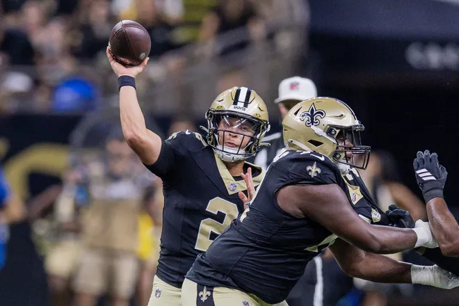 Aug 15, 2026; New Orleans, Louisiana, USA; New Orleans Saints quarterback Spencer Rattler (2) passes against Jacksonville Jaguars during the first half at Caesars Superdome. Mandatory Credit: Stephen Lew-Imagn Images
