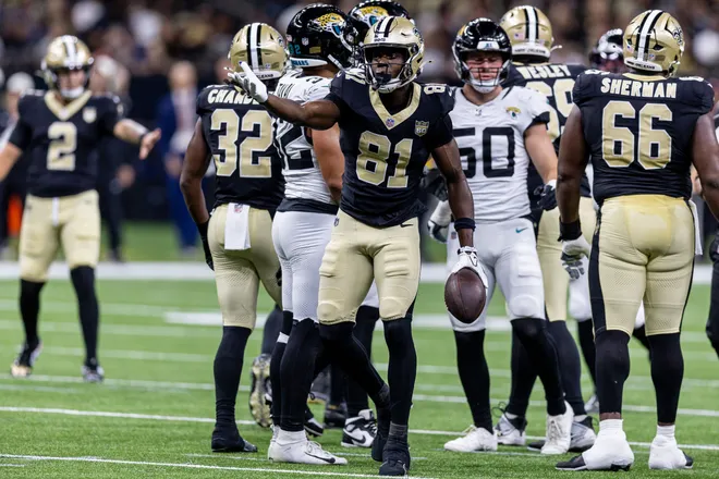 Aug 15, 2026; New Orleans, Louisiana, USA; New Orleans Saints wide receiver Kevin Austin Jr. (81) reacts to making a first down against Jacksonville Jaguars linebacker Branson Combs (50) during the first half at Caesars Superdome. Mandatory Credit: Stephen Lew-Imagn Images