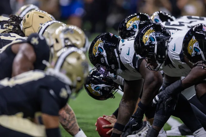 Aug 15, 2026; New Orleans, Louisiana, USA; Jacksonville Jaguars lines up against the New Orleans Saints during the first half at Caesars Superdome. Mandatory Credit: Stephen Lew-Imagn Images