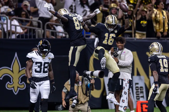 Aug 15, 2026; New Orleans, Louisiana, USA; New Orleans Saints wide receiver Kevin Austin Jr. (81) and h16during the first half at Caesars Superdome. Mandatory Credit: Stephen Lew-Imagn Images