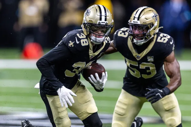 Aug 15, 2026; New Orleans, Louisiana, USA; New Orleans Saints cornerback Jayden Price (38) intercepts a pass by Jacksonville Jaguars quarterback Carter Bradley (10) during the first half at Caesars Superdome. Mandatory Credit: Stephen Lew-Imagn Images