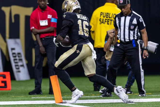 Aug 15, 2026; New Orleans, Louisiana, USA; New Orleans Saints wide receiver Bub Means (16) steps out just before a touchdown against the Jacksonville Jaguars during the first half at Caesars Superdome. Mandatory Credit: Stephen Lew-Imagn Images