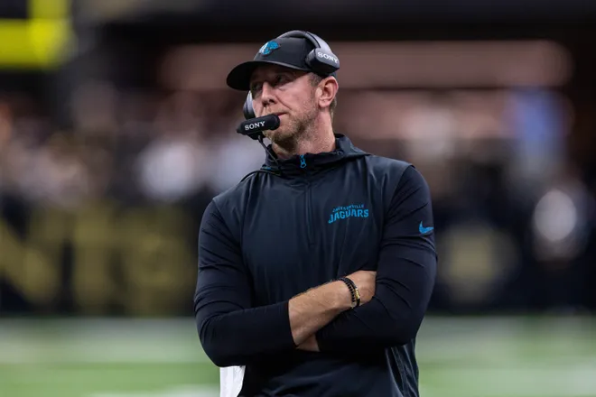 Aug 15, 2026; New Orleans, Louisiana, USA; Jacksonville Jaguars head coach Liam Coen looks on against the New Orleans Saints during the first half at Caesars Superdome. Mandatory Credit: Stephen Lew-Imagn Images