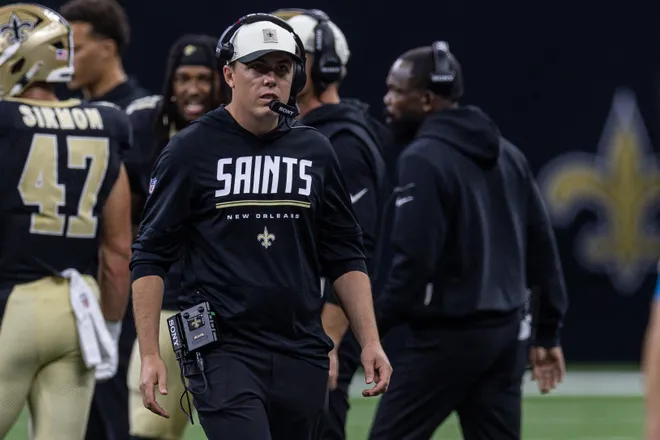 Aug 15, 2026; New Orleans, Louisiana, USA; New Orleans Saints head coach Kellen Moore looks on against Jacksonville Jaguars during the second half at Caesars Superdome. Mandatory Credit: Stephen Lew-Imagn Images