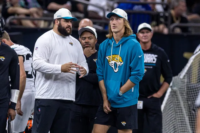 Aug 15, 2026; New Orleans, Louisiana, USA; Jacksonville Jaguars quarterback Trevor Lawrence (16) looks on against New Orleans Saints during the second half at Caesars Superdome. Mandatory Credit: Stephen Lew-Imagn Images