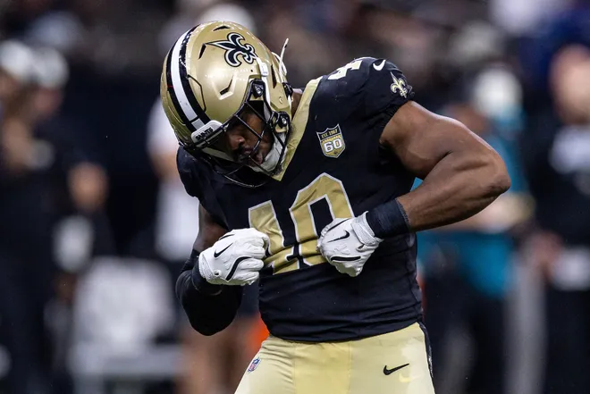 Aug 15, 2026; New Orleans, Louisiana, USA; New Orleans Saints defensive end Fadil Diggs (40) reacts to making a sack against Jacksonville Jaguars quarterback Carter Bradley (10) during the second half at Caesars Superdome. Mandatory Credit: Stephen Lew-Imagn Images