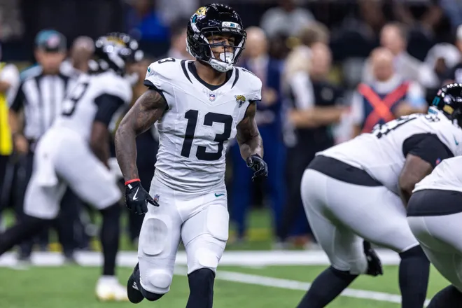 Aug 15, 2026; New Orleans, Louisiana, USA; Jacksonville Jaguars wide receiver Tim Jones (13) against the New Orleans Saints during the second half at Caesars Superdome. Mandatory Credit: Stephen Lew-Imagn Images