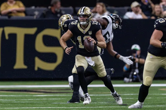 Aug 15, 2026; New Orleans, Louisiana, USA; New Orleans Saints quarterback Hunter Dekkers (13) passes against Jacksonville Jaguars during the second half at Caesars Superdome. Mandatory Credit: Stephen Lew-Imagn Images