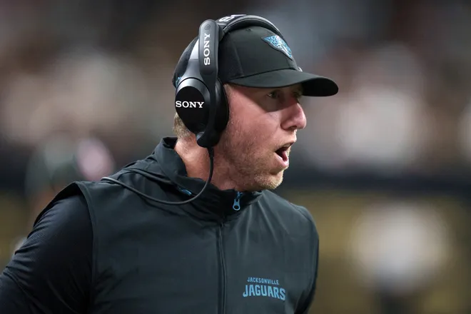 Aug 15, 2026; New Orleans, Louisiana, USA; Jacksonville Jaguars head coach Liam Coen reacts during the fourth quarter against the New Orleans Saints at Caesars Superdome. Mandatory Credit: Matthew Hinton-Imagn Images