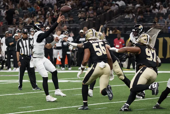 Aug 15, 2026; New Orleans, Louisiana, USA; Jacksonville Jaguars quarterback Carter Bradley (10) throws during the third quarter against the New Orleans Saints at Caesars Superdome. Mandatory Credit: Matthew Hinton-Imagn Images