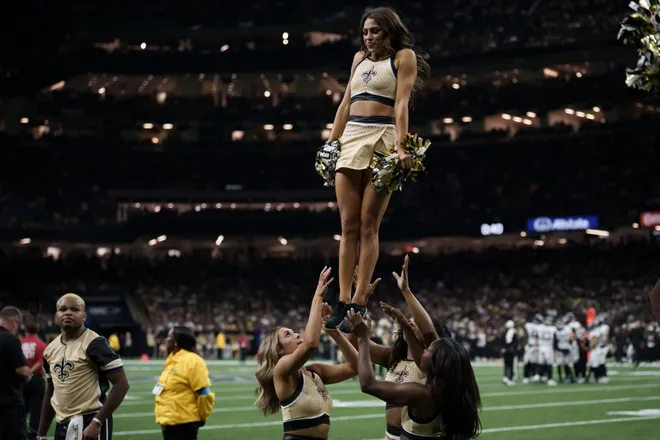 Aug 15, 2026; New Orleans, Louisiana, USA; Members of New Orleans Saints Cheer Krewe performs during a game between the New Orleans Saints and the Jacksonville Jaguars at Caesars Superdome. Mandatory Credit: Matthew Hinton-Imagn Images