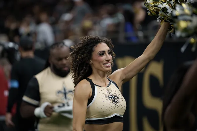 Aug 15, 2026; New Orleans, Louisiana, USA; Members of New Orleans Saints Cheer Krewe performs during a game between the New Orleans Saints and the Jacksonville Jaguars at Caesars Superdome. Mandatory Credit: Matthew Hinton-Imagn Images