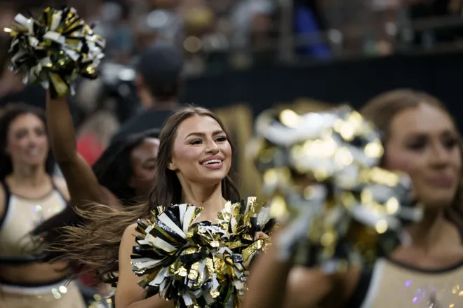 Aug 15, 2026; New Orleans, Louisiana, USA; Members of New Orleans Saints Cheer Krewe performs during a game between the New Orleans Saints and the Jacksonville Jaguars at Caesars Superdome. Mandatory Credit: Matthew Hinton-Imagn Images