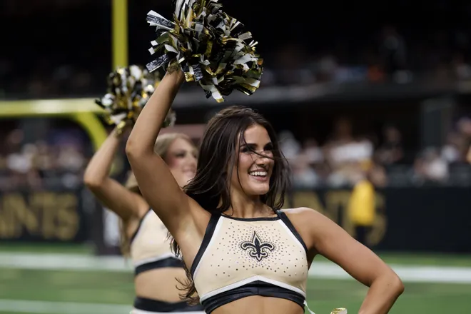 Aug 15, 2026; New Orleans, Louisiana, USA; Members of New Orleans Saints Cheer Krewe performs during a game between the New Orleans Saints and the Jacksonville Jaguars at Caesars Superdome. Mandatory Credit: Matthew Hinton-Imagn Images