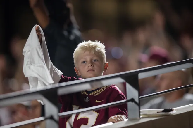 Florida State fans cheer on the Seminoles as they defeat New Mexico State in the first home game of the season on Saturday, Aug. 29, 2026.