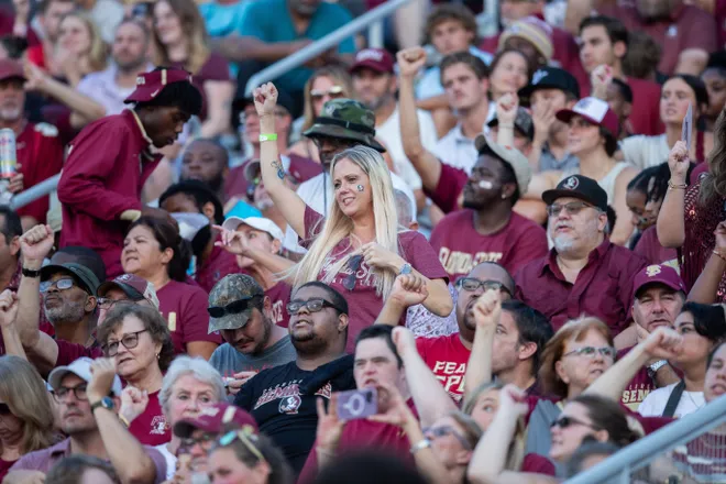 Florida State fans cheer on the Seminoles as they defeat New Mexico State in the first home game of the season on Saturday, Aug. 29, 2026.