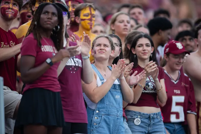 Florida State fans cheer on the Seminoles as they defeat New Mexico State in the first home game of the season on Saturday, Aug. 29, 2026.