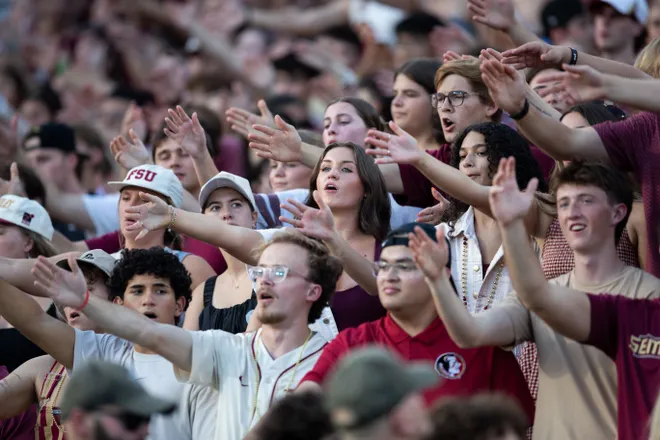 Florida State fans cheer on the Seminoles as they defeat New Mexico State in the first home game of the season on Saturday, Aug. 29, 2026.