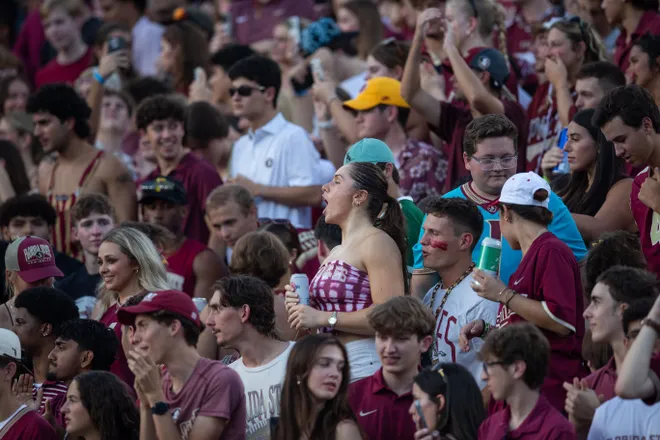 Florida State fans cheer on the Seminoles as they defeat New Mexico State in the first home game of the season on Saturday, Aug. 29, 2026.