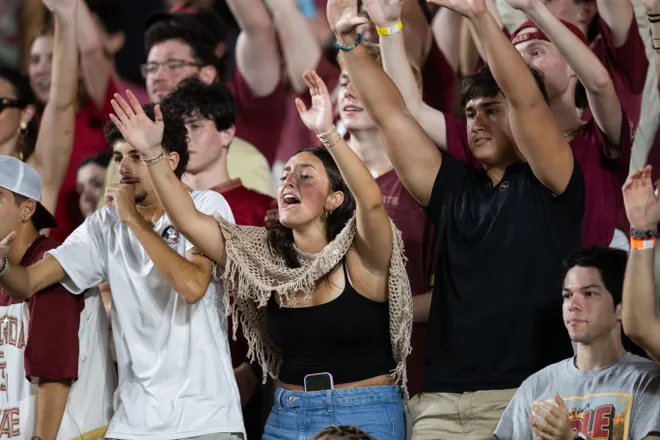 Florida State fans cheer on the Seminoles as they defeat New Mexico State in the first home game of the season on Saturday, Aug. 29, 2026.