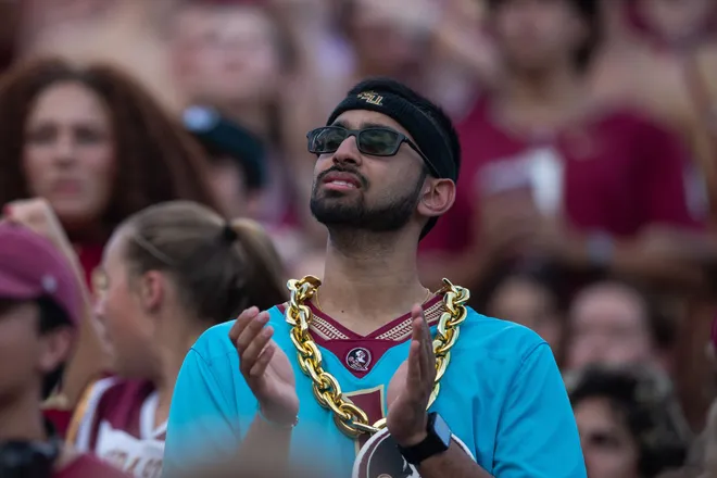 Florida State fans cheer on the Seminoles as they defeat New Mexico State in the first home game of the season on Saturday, Aug. 29, 2026.