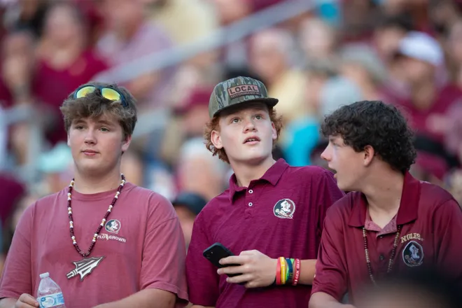 Florida State fans cheer on the Seminoles as they defeat New Mexico State in the first home game of the season on Saturday, Aug. 29, 2026.