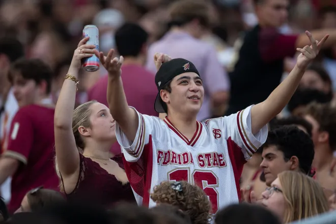 Florida State fans cheer on the Seminoles as they defeat New Mexico State in the first home game of the season on Saturday, Aug. 29, 2026.