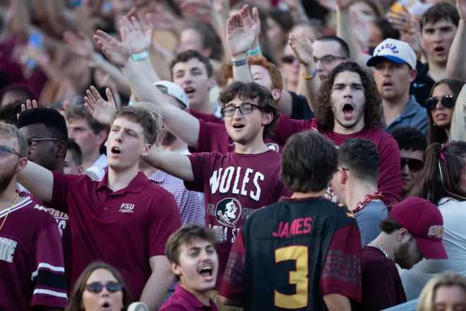 Florida State fans cheer on the Seminoles as they defeat New Mexico State in the first home game of the season on Saturday, Aug. 29, 2026.
