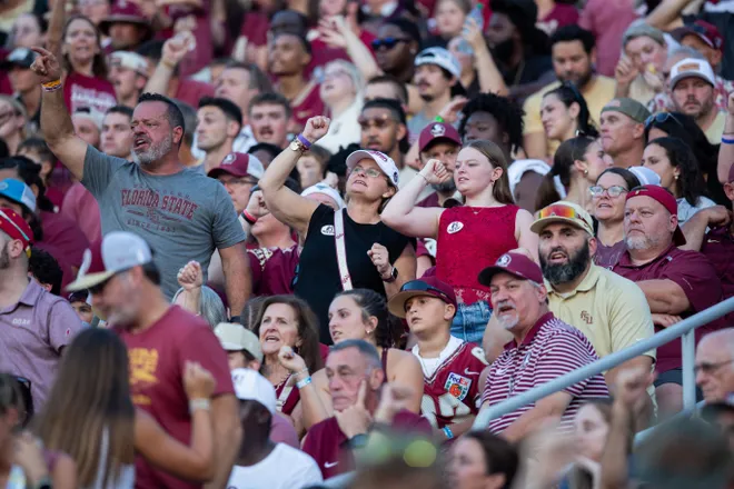 Florida State fans cheer on the Seminoles as they defeat New Mexico State in the first home game of the season on Saturday, Aug. 29, 2026.