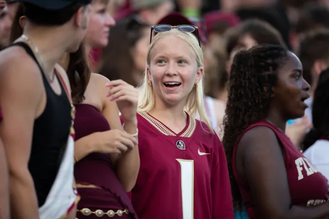 Florida State fans cheer on the Seminoles as they defeat New Mexico State in the first home game of the season on Saturday, Aug. 29, 2026.