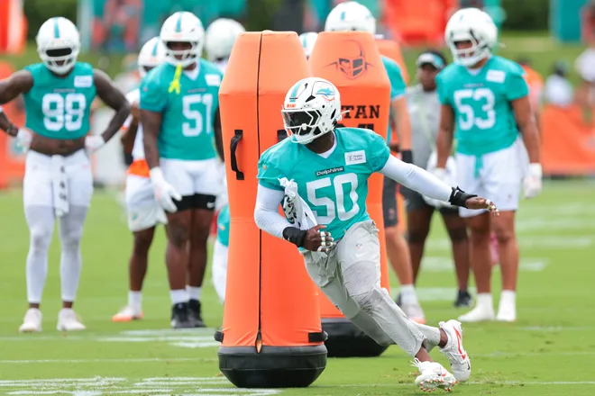 Aug 2, 2026; Miami Gardens, FL, USA; Miami Dolphins edge David Ojabo (50) works during practice at Baptist Health Training Complex. Mandatory Credit: Sam Navarro-Imagn Images