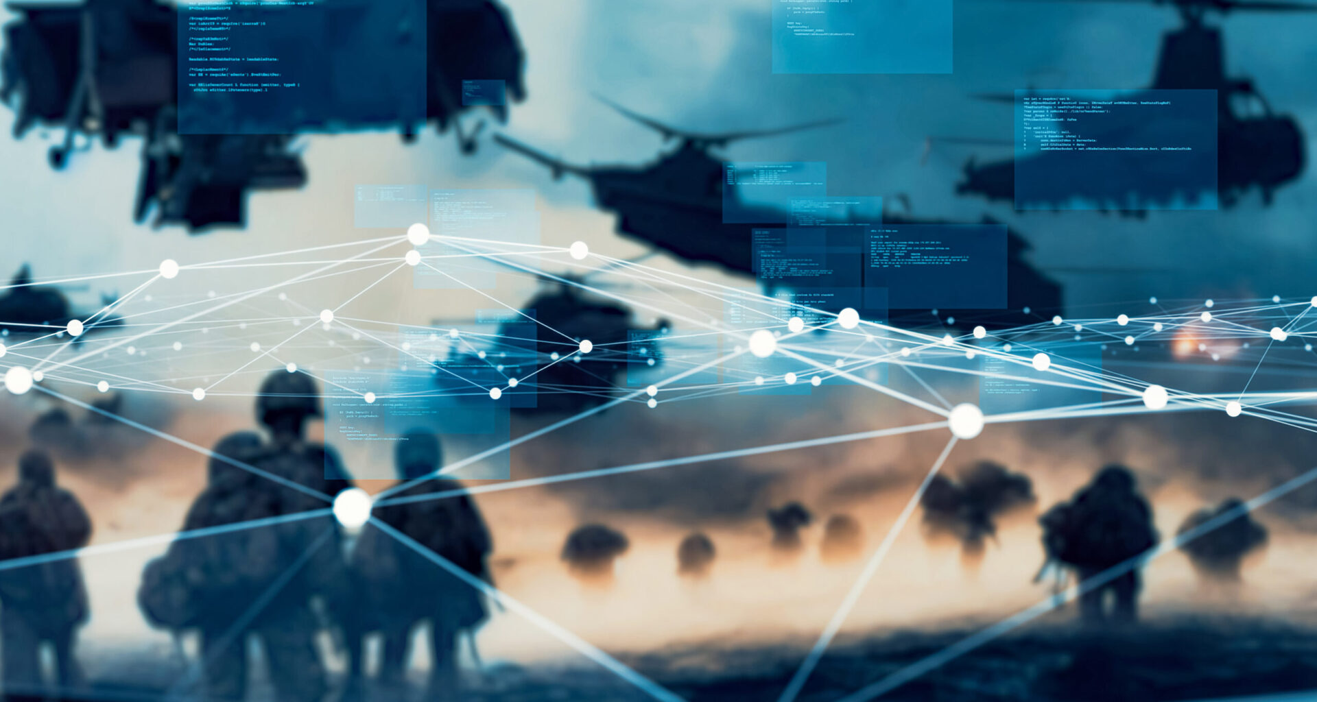 Soldiers and military aircraft overlaid with digital code and network connections representing defense technology.