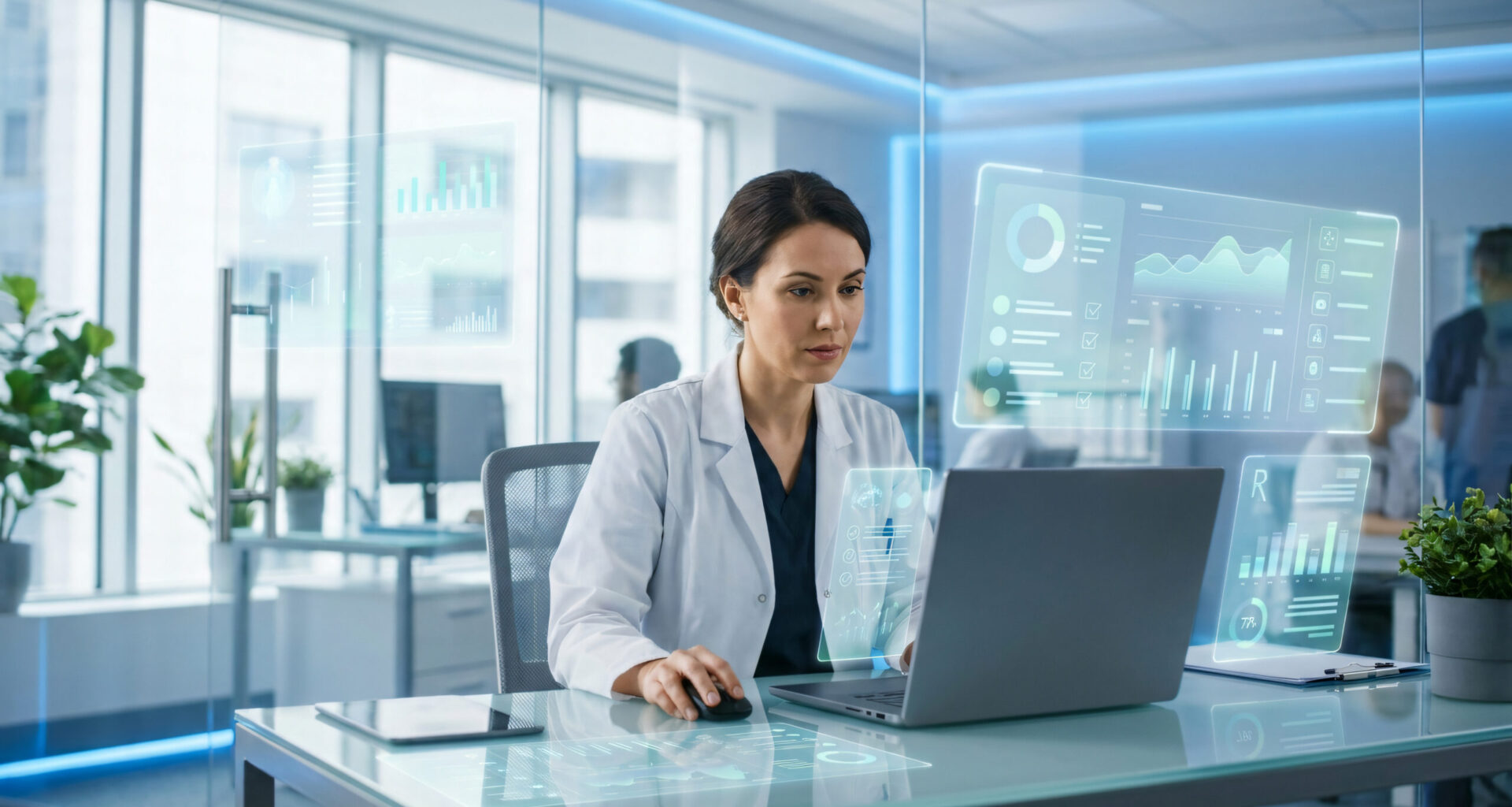 Health care professional reviews digital data dashboards on a laptop in a modern office.