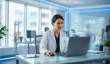Health care professional reviews digital data dashboards on a laptop in a modern office.