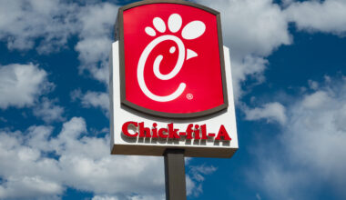 Chick-fil-A sign against a blue sky with clouds