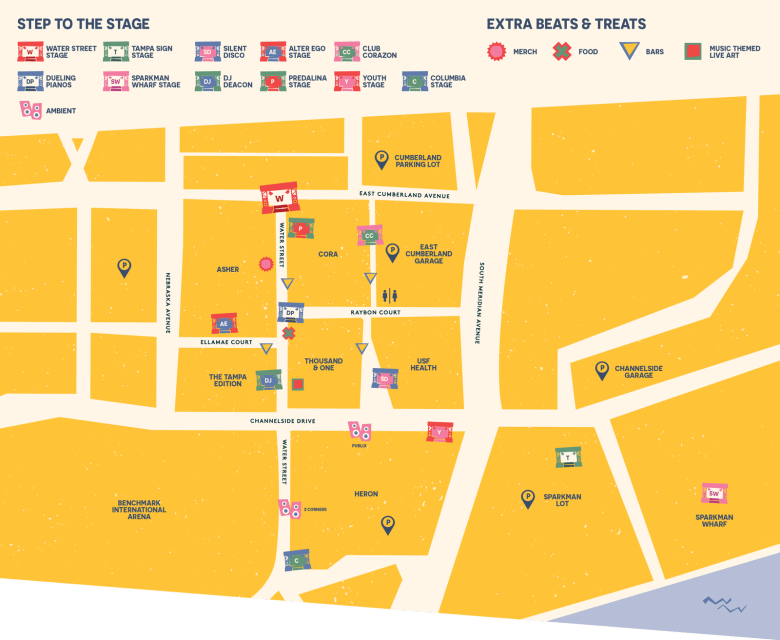 A graphic map legend and site map header titled "STEP TO THE STAGE" for the 2026 Beats on the Street music festival at Water Street Tampa. Set against a light cream background, the top section displays seven color-coded performance zone icons and labels, including the red Water Street Stage (W), green Tampa Sign Stage (T), blue Silent Disco (SD), purple Dueling Pianos (DP), pink Sparkman Wharf Stage (SW), green DJ Deacon stage (DJ), and a pink speaker icon labeled Ambient. Below the key, a yellow neighborhood street map highlights the festival footprint along Water Street and surrounding intersections.