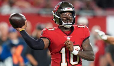 Tampa Bay Buccaneers' Jalon Daniels (10) passes in the second half of an NFL preseason football game against the Kansas City Chiefs, Saturday, Aug. 22, 2026, in Tampa, Fla. (AP Photo/Chris O'Meara)