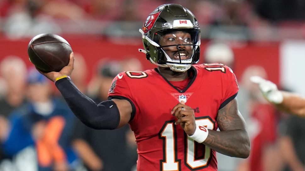 Tampa Bay Buccaneers' Jalon Daniels (10) passes in the second half of an NFL preseason football game against the Kansas City Chiefs, Saturday, Aug. 22, 2026, in Tampa, Fla. (AP Photo/Chris O'Meara)