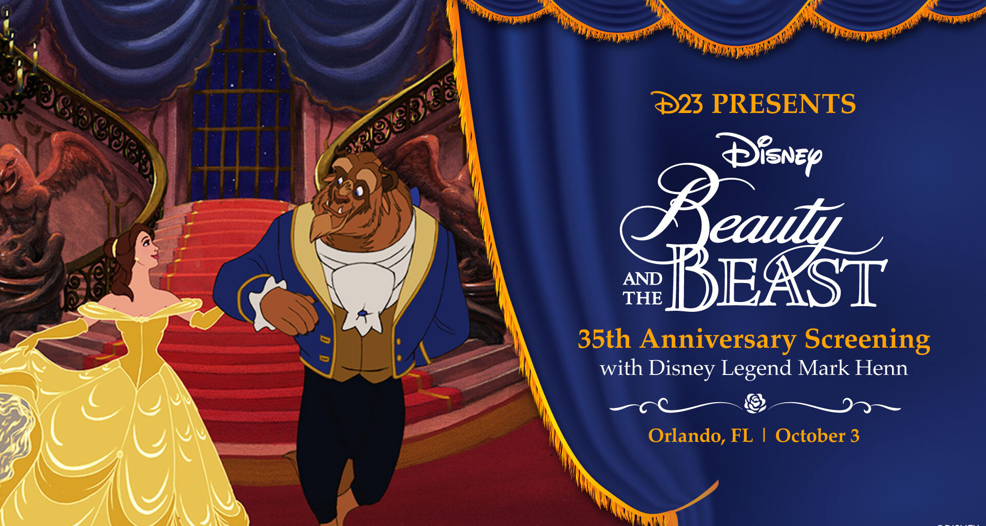 Belle and Beast stand on a grand staircase in Disneys Beauty and the Beast promotional graphic for the 35th Anniversary Screening with Disney Legend Mark Henn in Orlando, Florida on October 3.