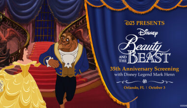 Belle and Beast stand on a grand staircase in Disneys Beauty and the Beast promotional graphic for the 35th Anniversary Screening with Disney Legend Mark Henn in Orlando, Florida on October 3.