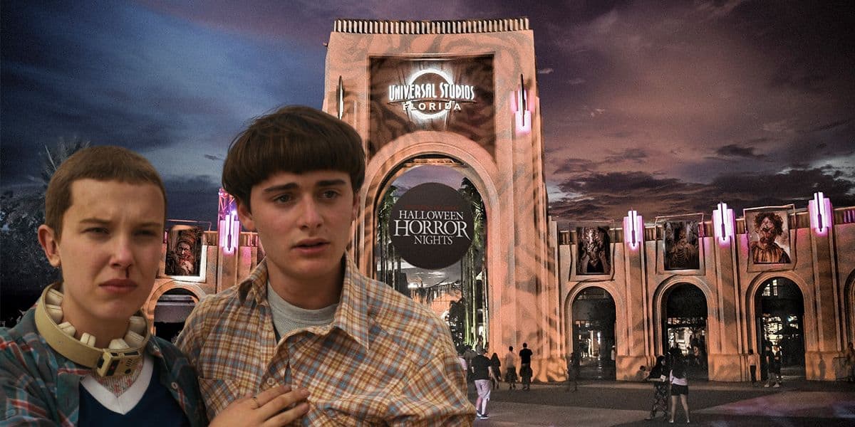 Stranger Things characters in front of the Halloween Horror Nights sign